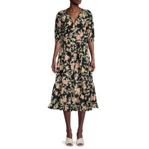 Yumi Kim Simone Floral Tiered Short Sleeve Dress Size S Small Brown Multi